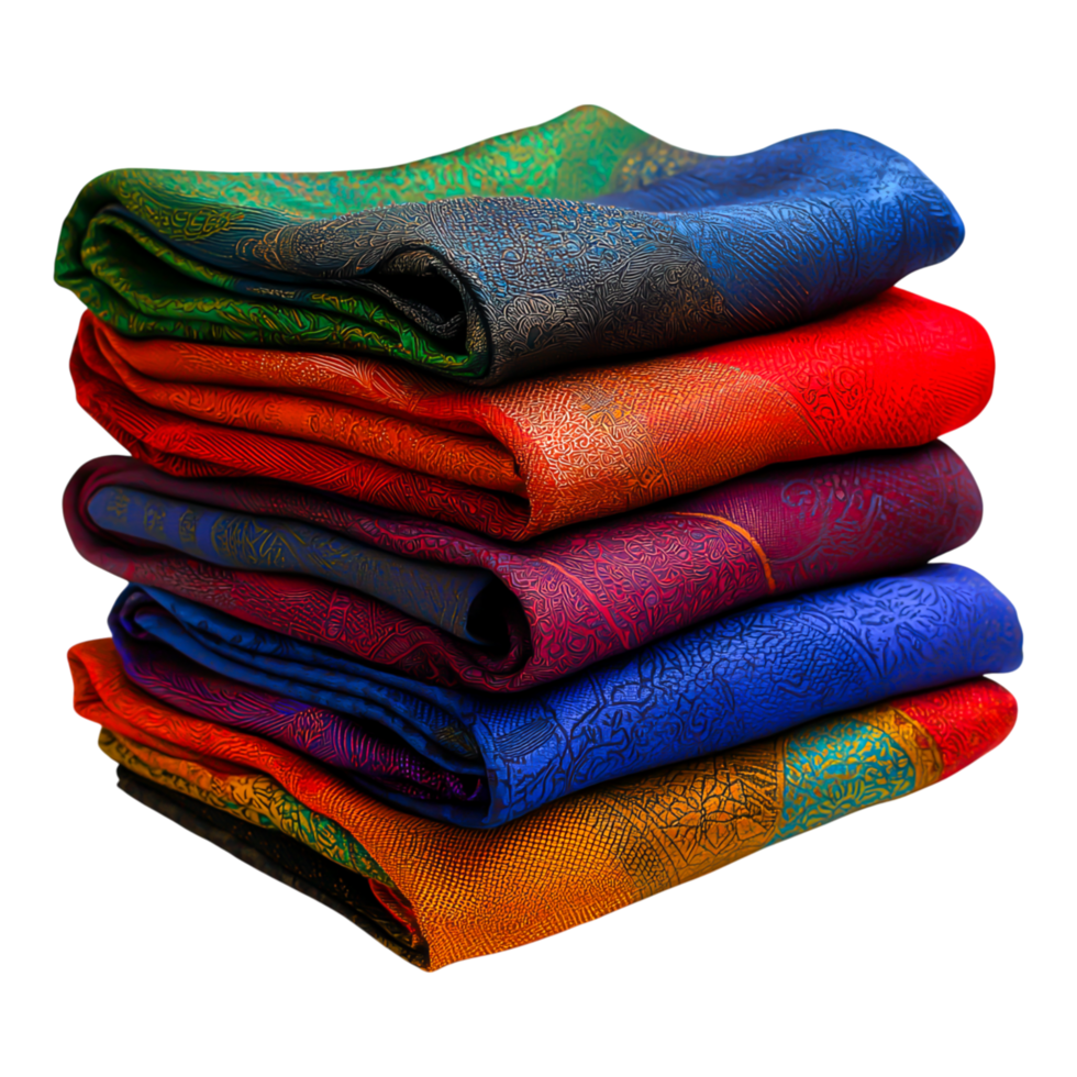 Vibrant Textiles Stack with Intricate Patterns and Rich Colors png