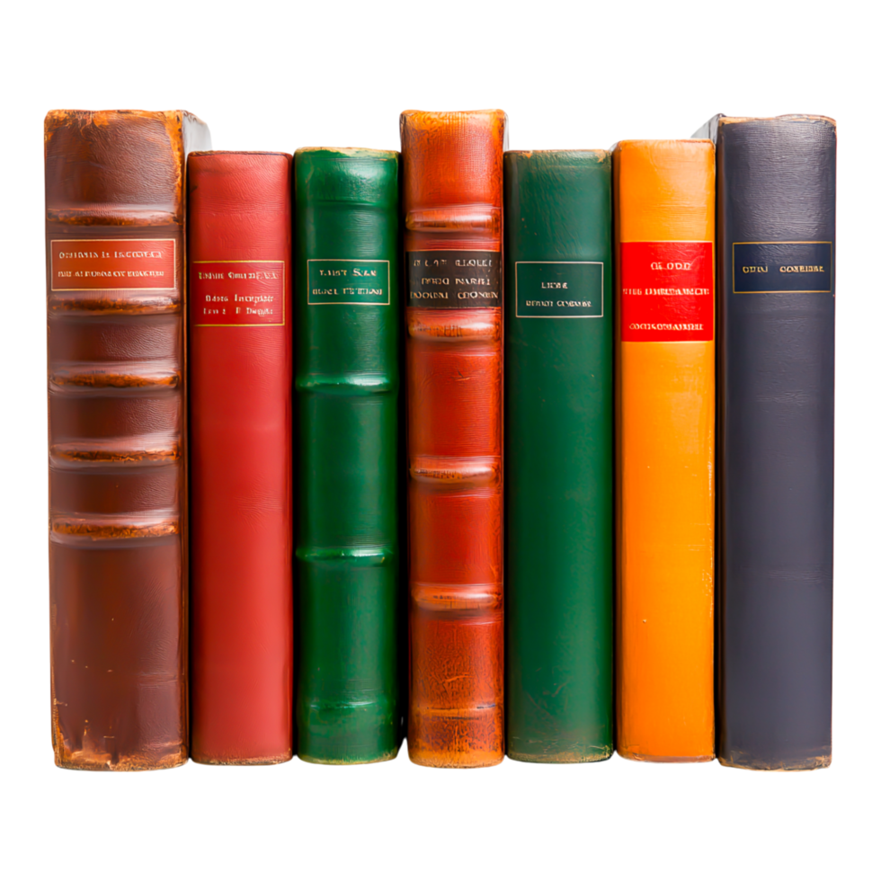 Vintage Leather-Bound Books on Wooden Shelf Arrangement png