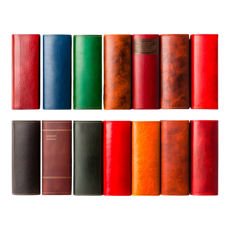 Colorful Assorted Leatherbound Books on Dark Background Displayed Neatly png