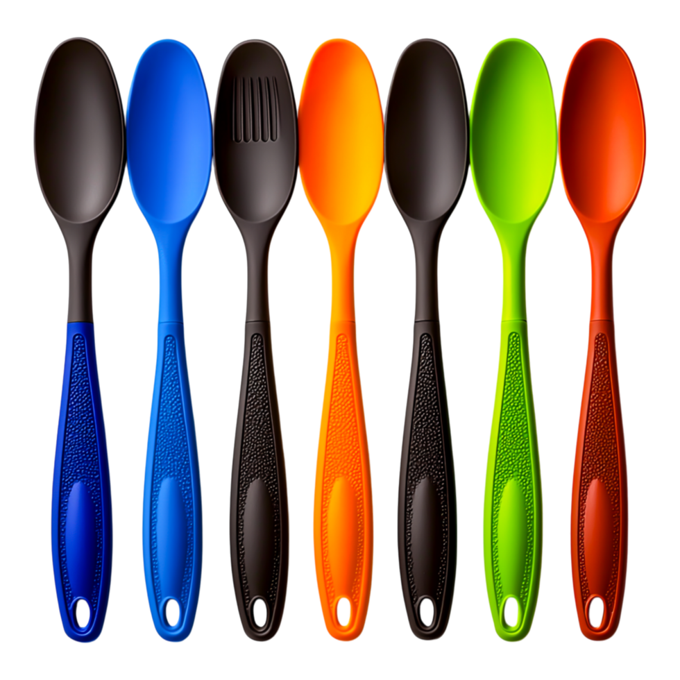 Colorful Plastic Spoons in a Row Perfect for Any Kitchen Use png