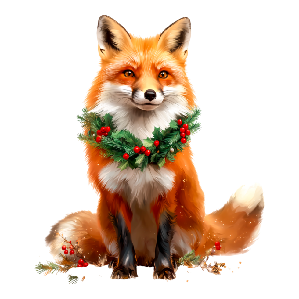 Charming Fox with Christmas Wreath and Festive Decorations png