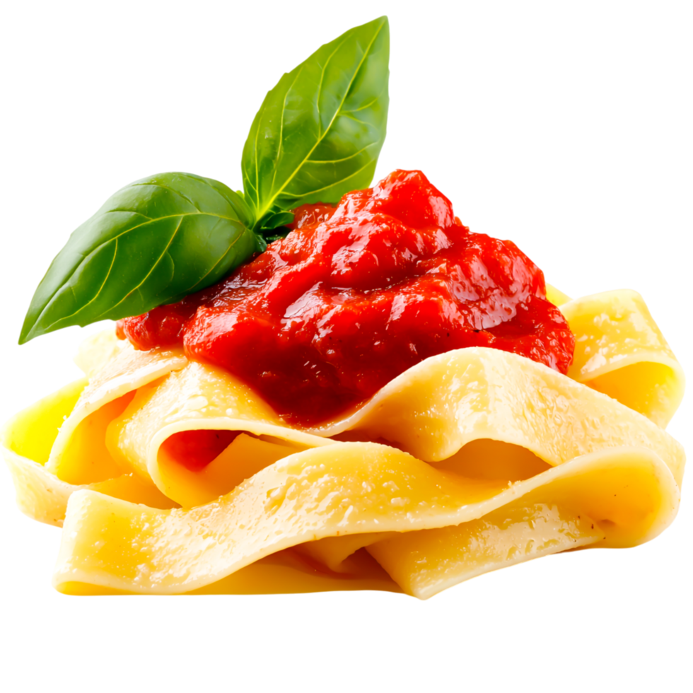 Fresh Pasta with Rich Tomato Sauce and Basil Leaf Garnish png