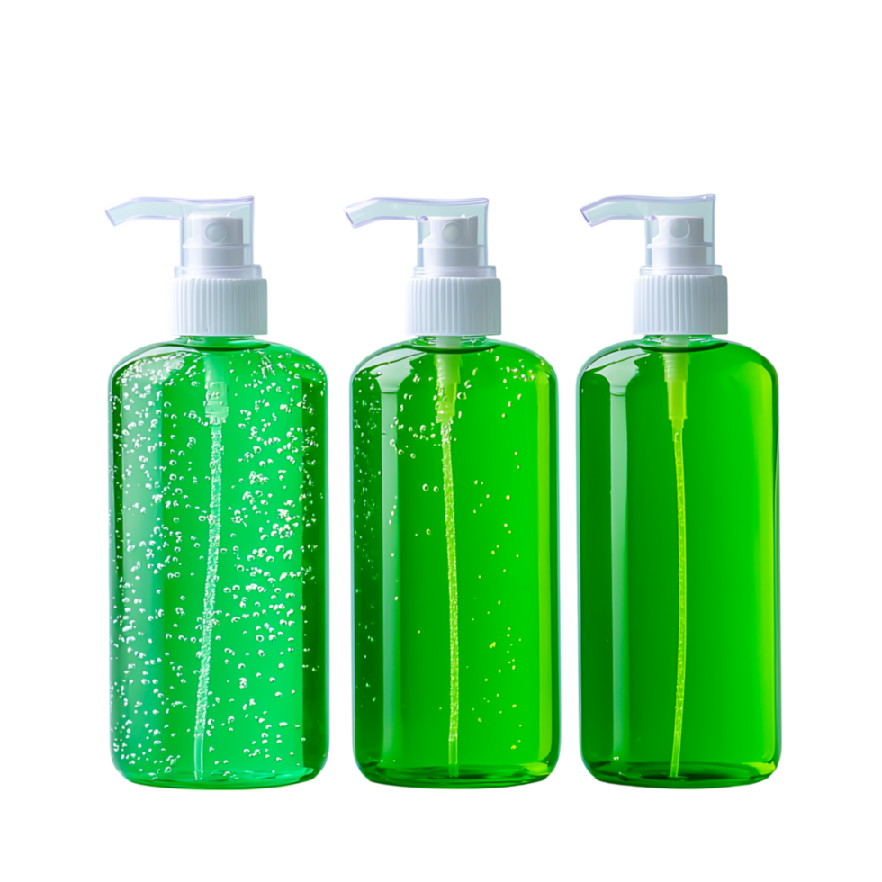 Transparent Green Bottles with Liquid and Bubbles png