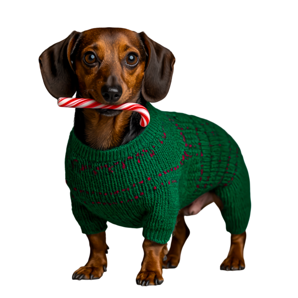 Festive Dachshund in Sweater Holding Candy Cane for Christmas Celebration png
