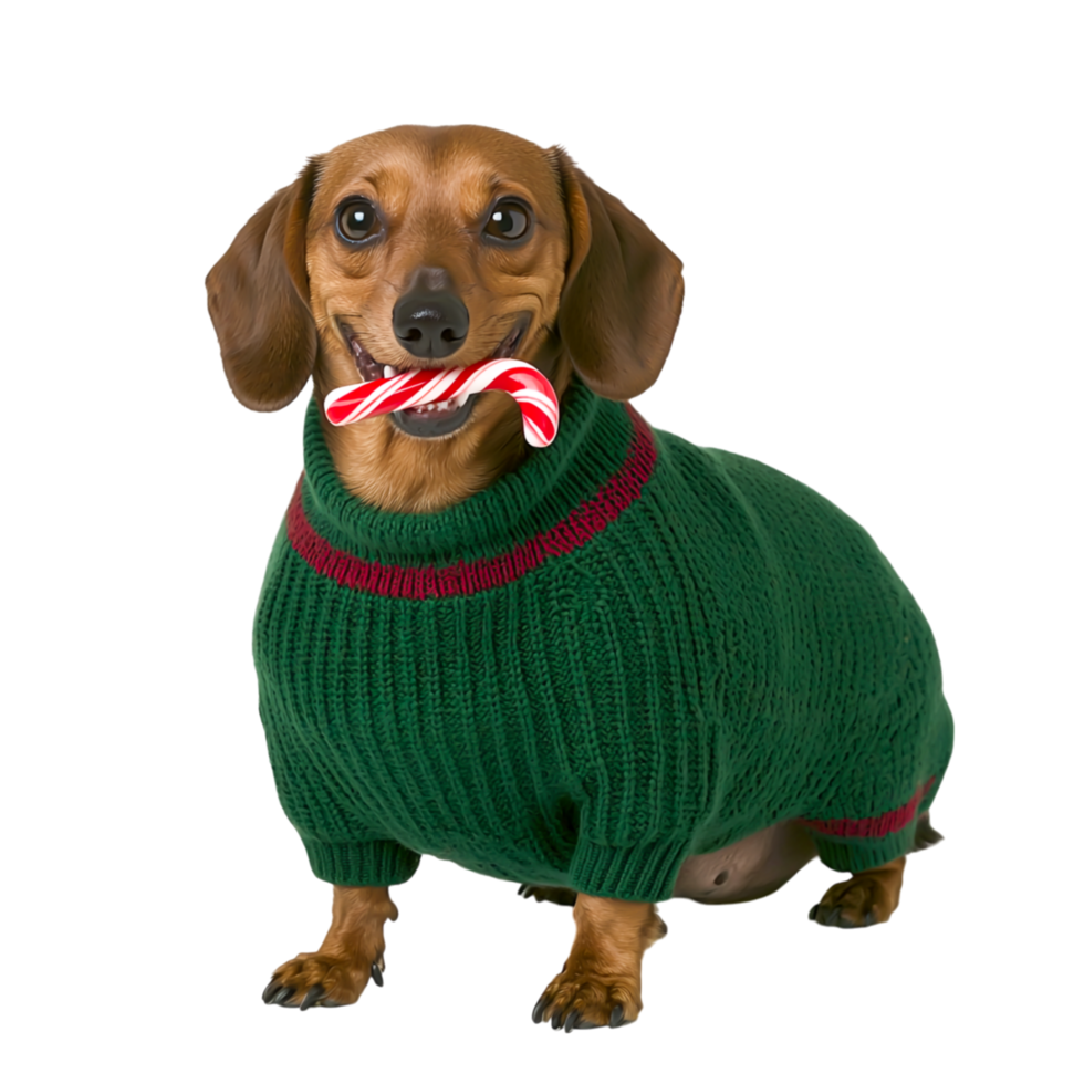 Cute Dachshund in Sweater Holding Candy Cane for Holiday Cheer png