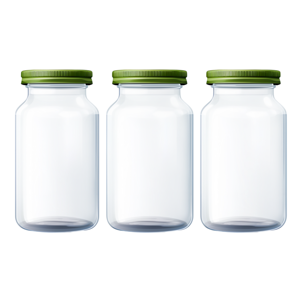 Three Empty Glass Jars with Green Lids for Preserving and Storage png