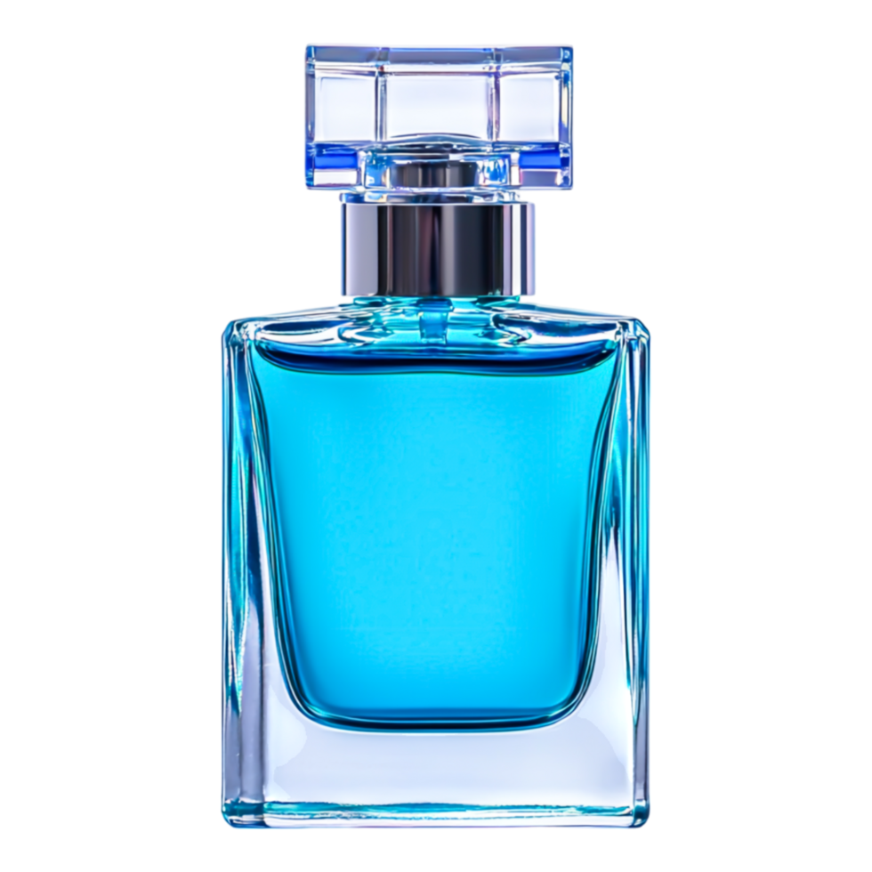 Elegant Blue Glass Perfume Bottle with Stylish Cap Design png