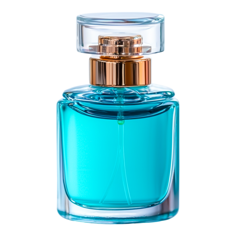 Elegant Blue Perfume Bottle with Gold Cap and Clear Design png