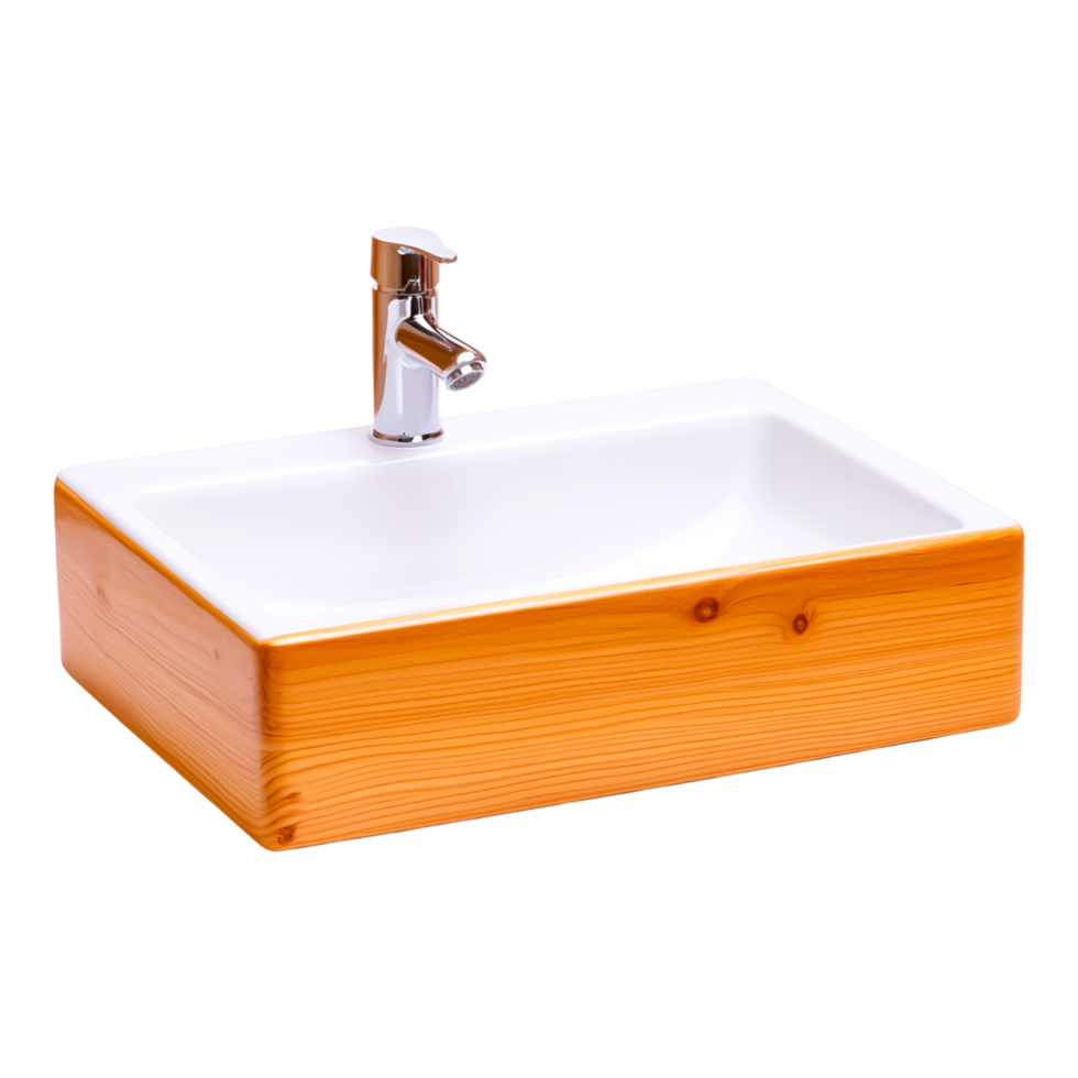 Elegant Rectangular Bathroom Sink with Wooden Base and Faucet png