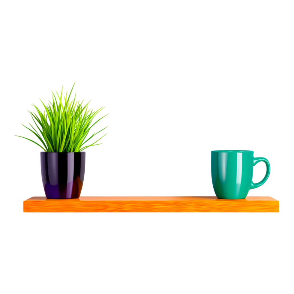 Vibrant Green Plant and Colorful Cup on Wooden Shelf Display png