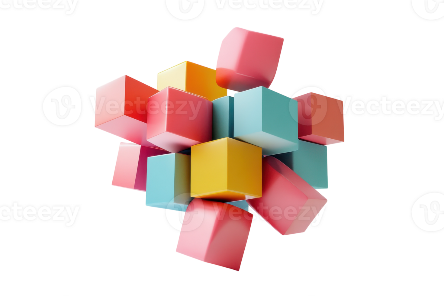 Colorful geometric blocks stacked and arranged creatively in a dynamic formation png
