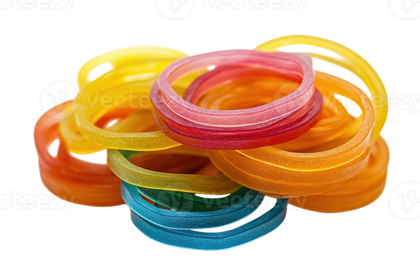 Colorful rubber bands stacked together with varying shapes and sizes on a white background png