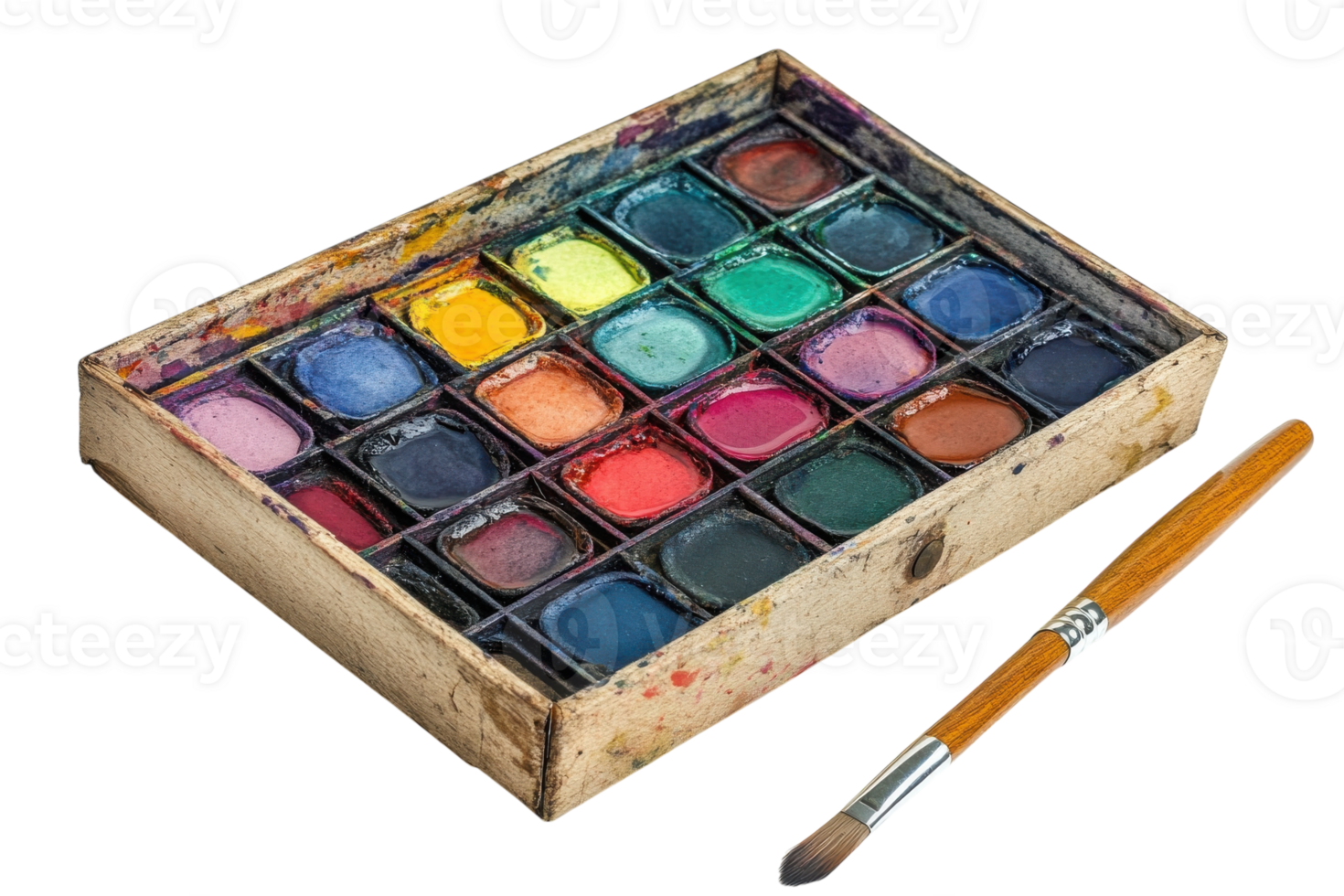 Vibrant watercolor palette with brush showcases artist's tools for creative expression png