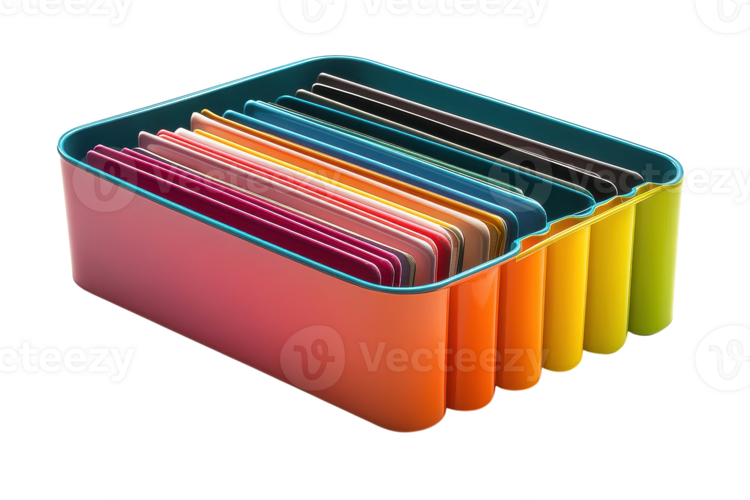 Organizing vibrant notebooks in a colorful storage container for creative workspace enhancement png