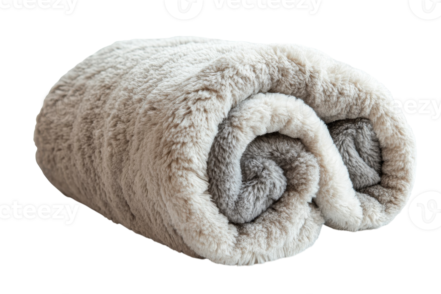 Cozy rolled blanket in soft gray and beige placed on a neutral surface for a warm and inviting atmosphere png