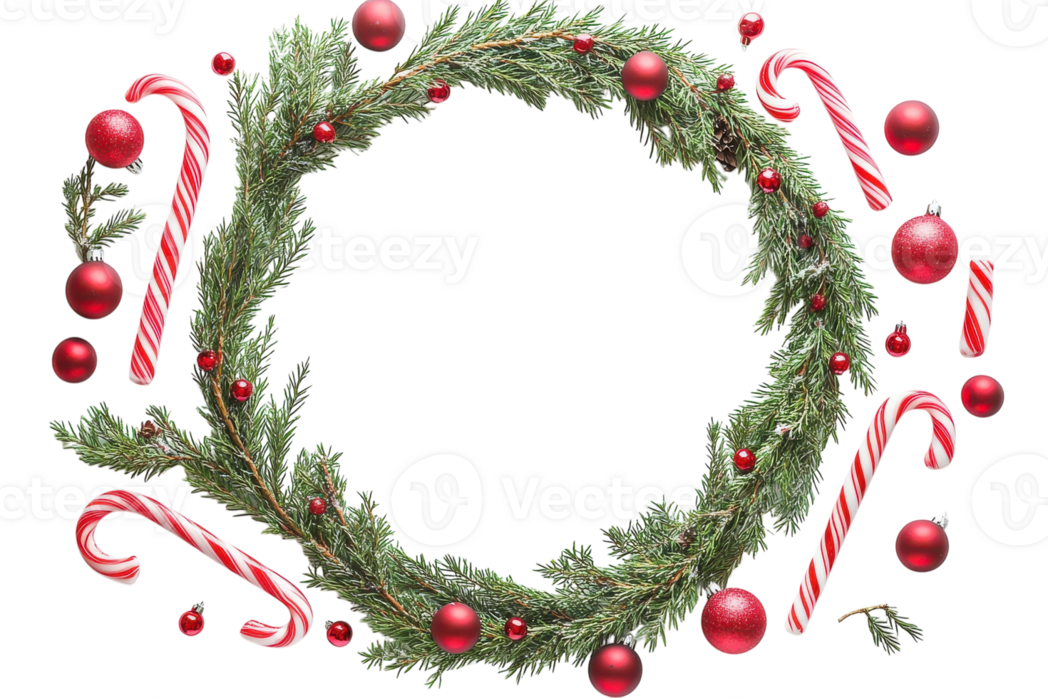 Christmas wreath decorated with red ornaments and candy canes placed on a white background png
