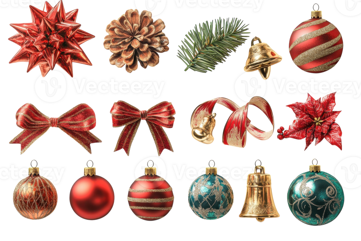 Festive assortment of holiday decorations showcasing bows, ornaments, and pinecone on a white background png
