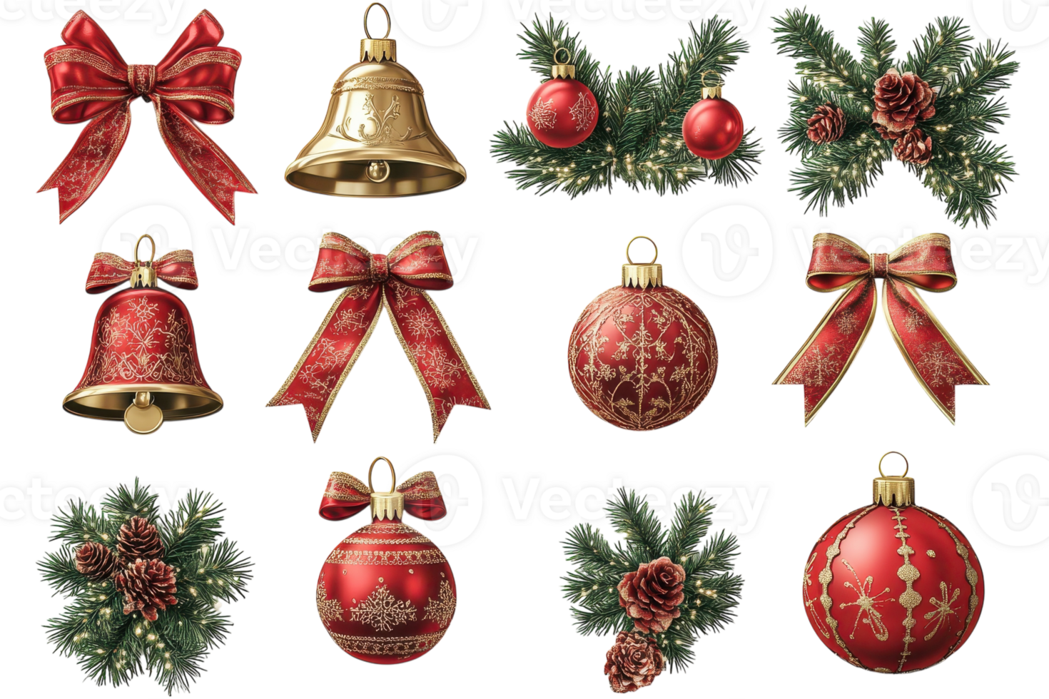 Decorative Christmas elements featuring red bows, ornaments, and pine branches for festive celebrations png
