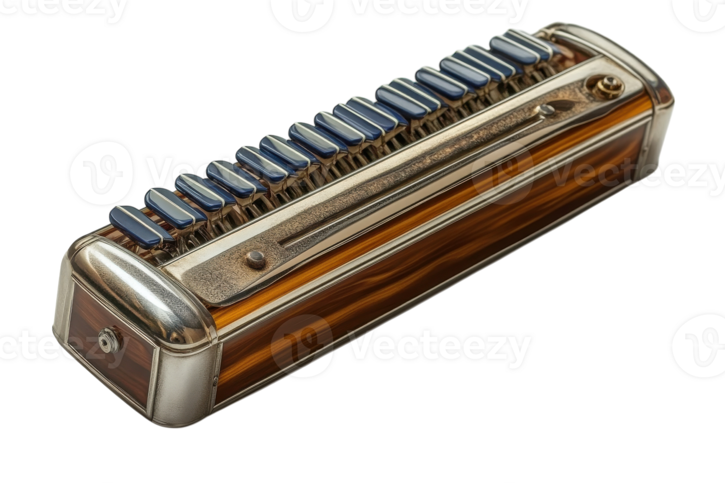 Vintage harmonica resting on a wooden surface showcasing intricate design and craftsmanship png