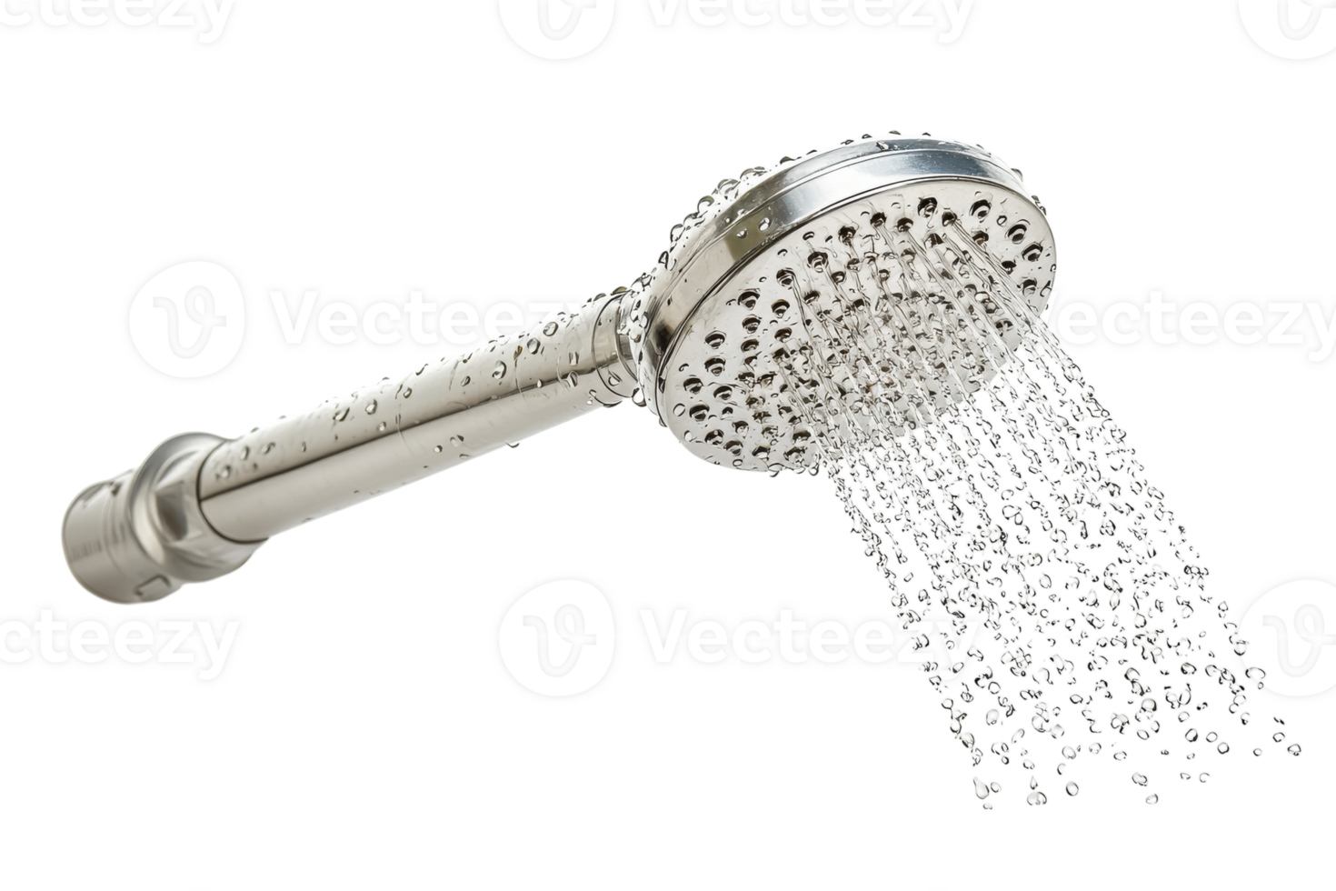 Showerhead with flowing water droplets creating an invigorating bathing experience in a modern bathroom setting png