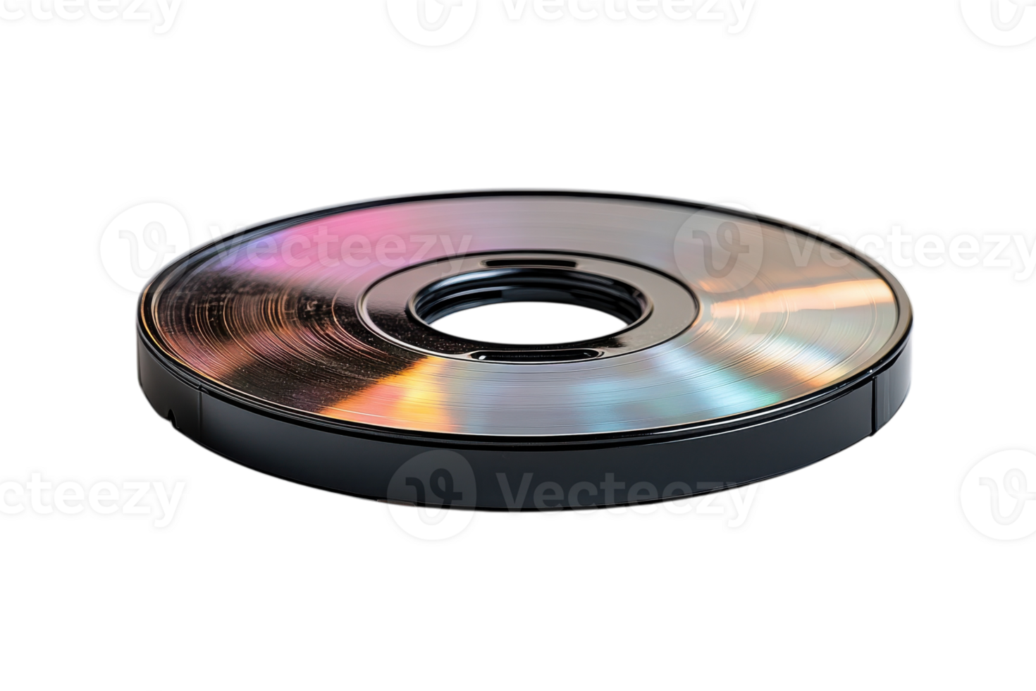 Reflective compact disc resting on a plain surface showcasing colorful light patterns in a bright setting png
