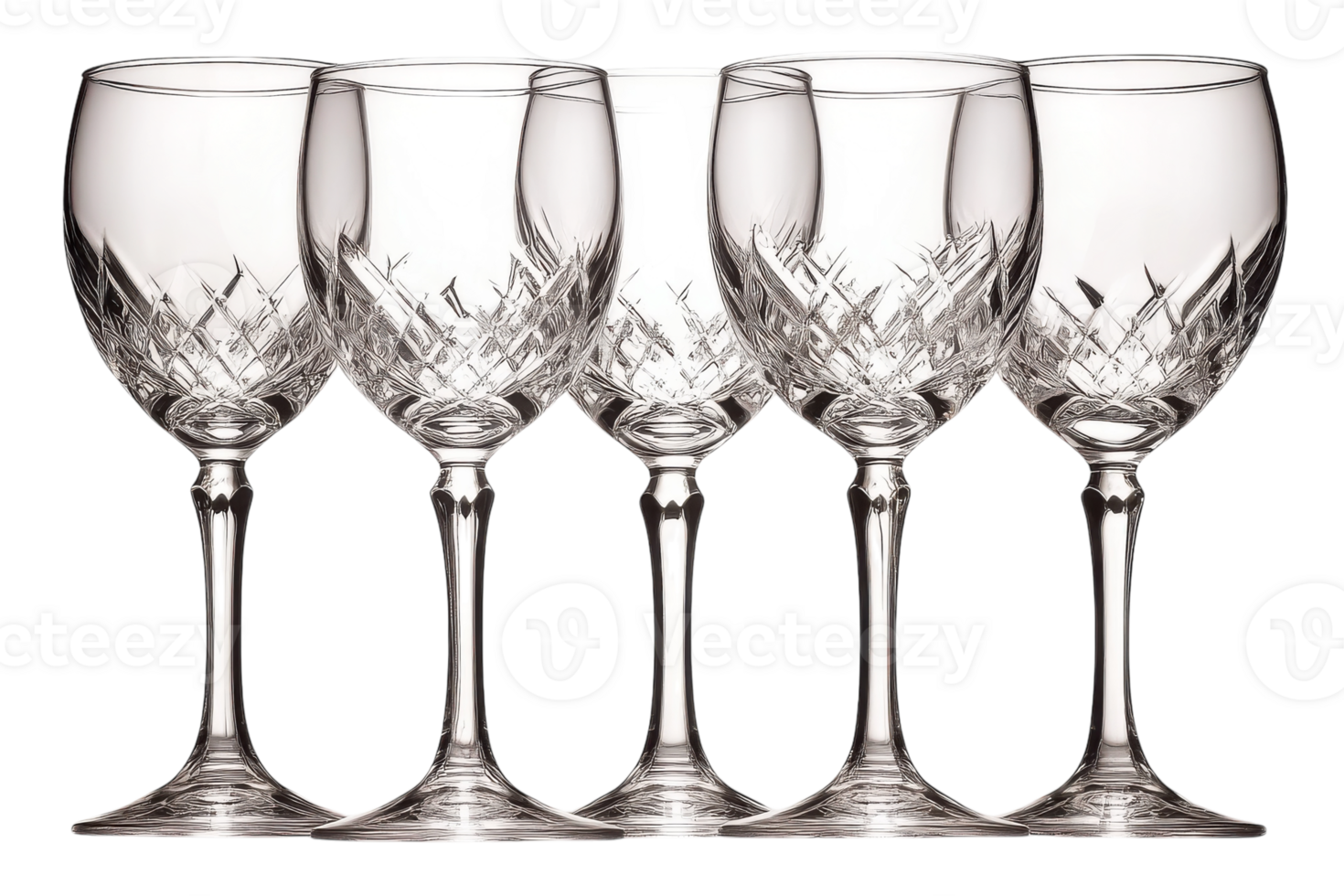 Elegant crystal wine glasses arranged in a row with intricate designs showcasing their craftsmanship and clarity png