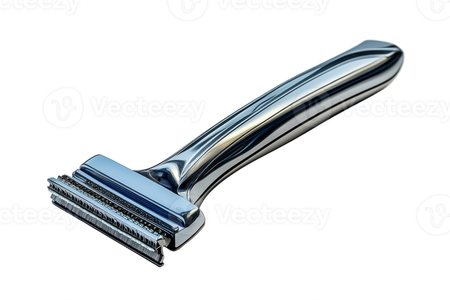 Shiny metal razor designed for close shaving displayed on a plain background png