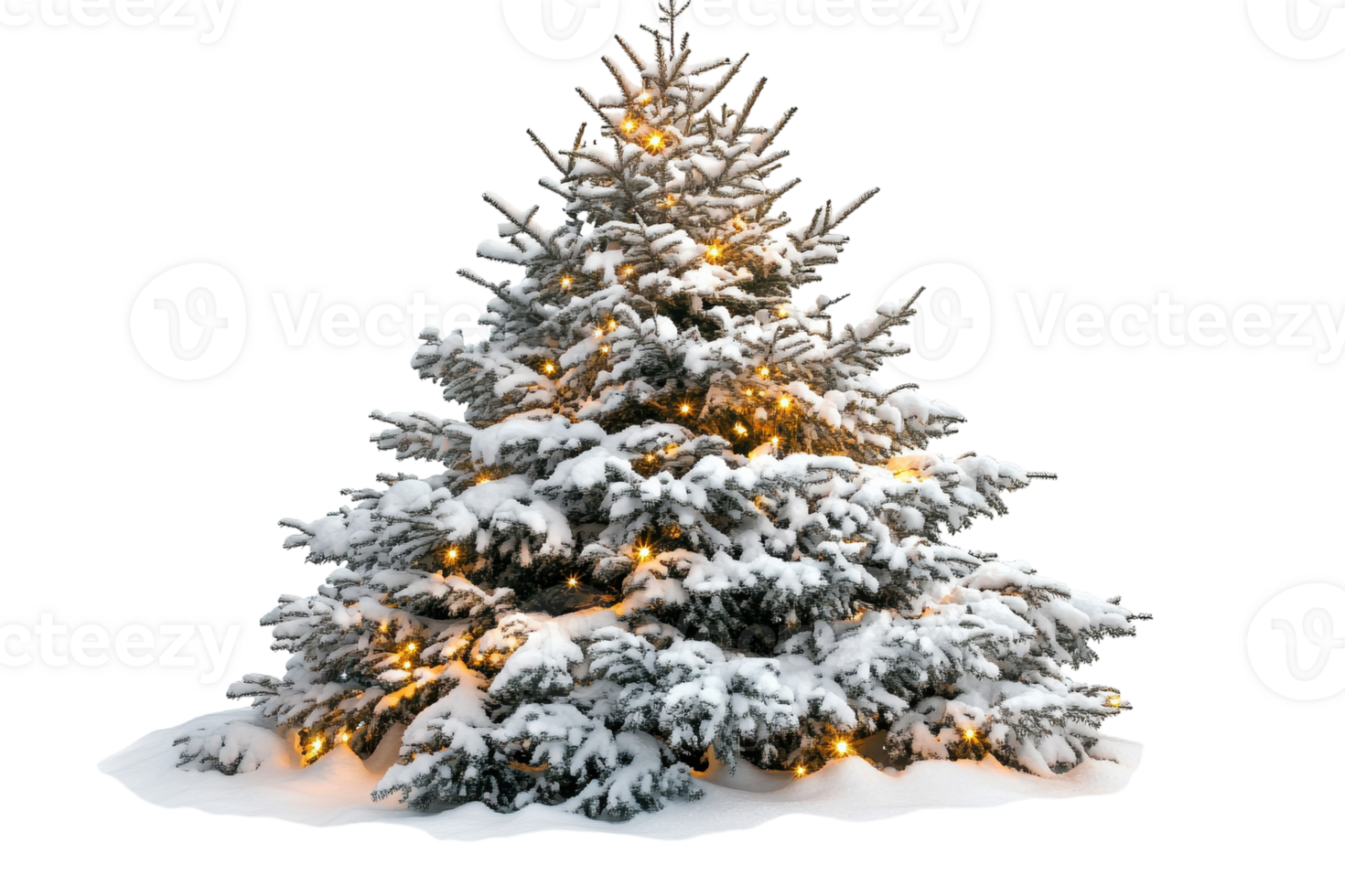 Snow-covered evergreen tree decorated with warm lights during winter season in a serene landscape png