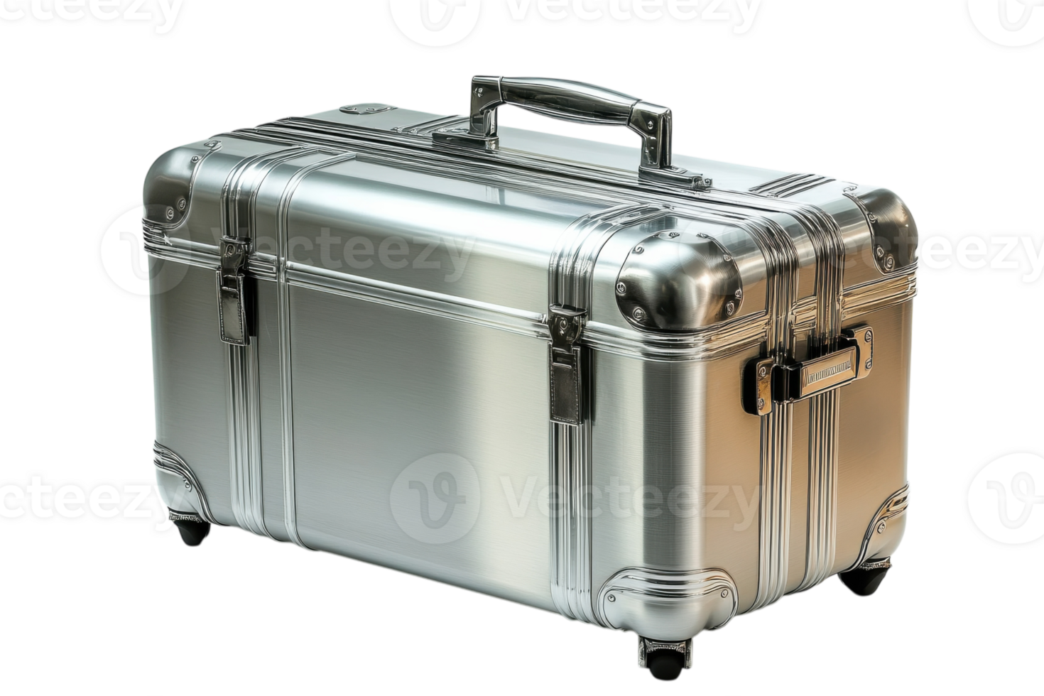 Metallic silver travel case with sturdy handle and wheels ideal for trips and storage purposes png