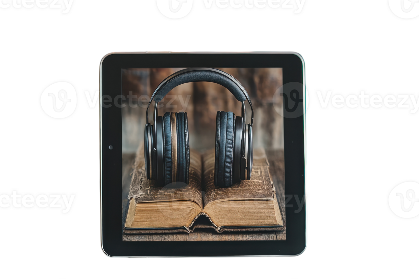 Headphones resting on an open book displayed on a tablet, merging technology with literature for an engaging reading experience png