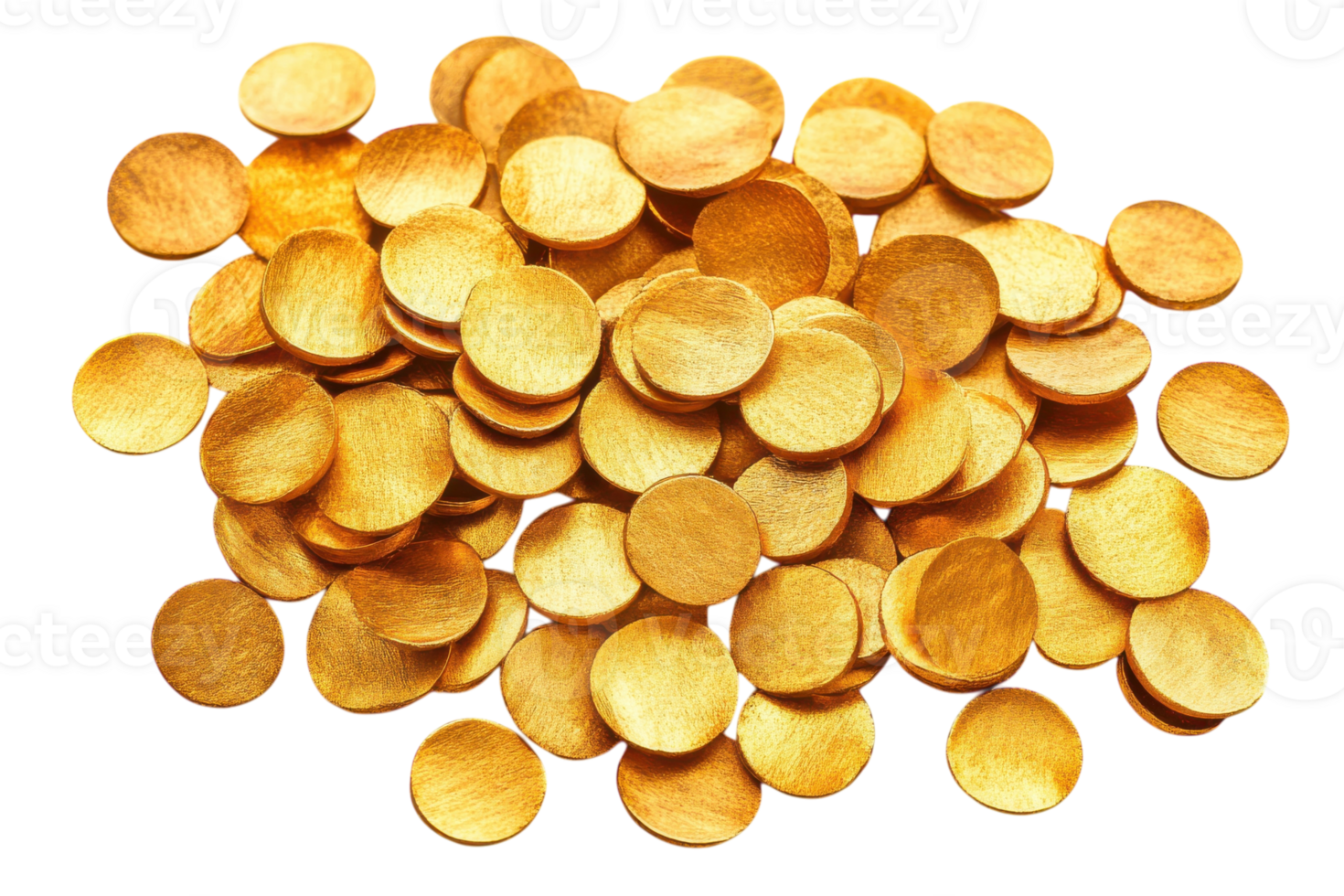 Collection of shiny golden coins scattered across a white surface creating a vibrant visual appeal for decorative use png