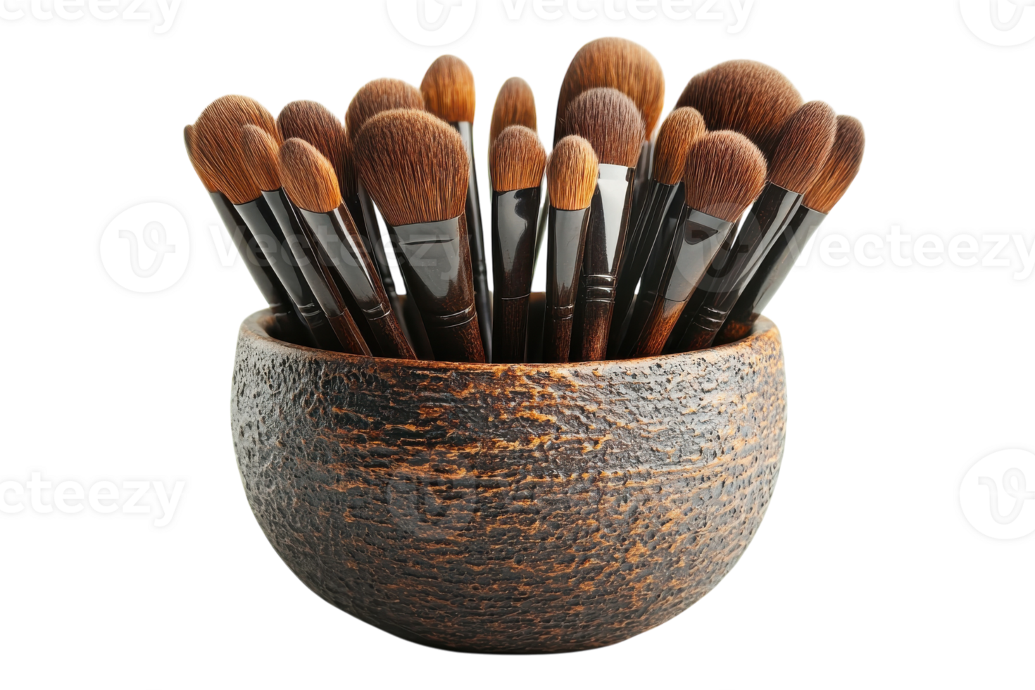 Brushes arranged neatly in a textured bowl for makeup application and artistry png