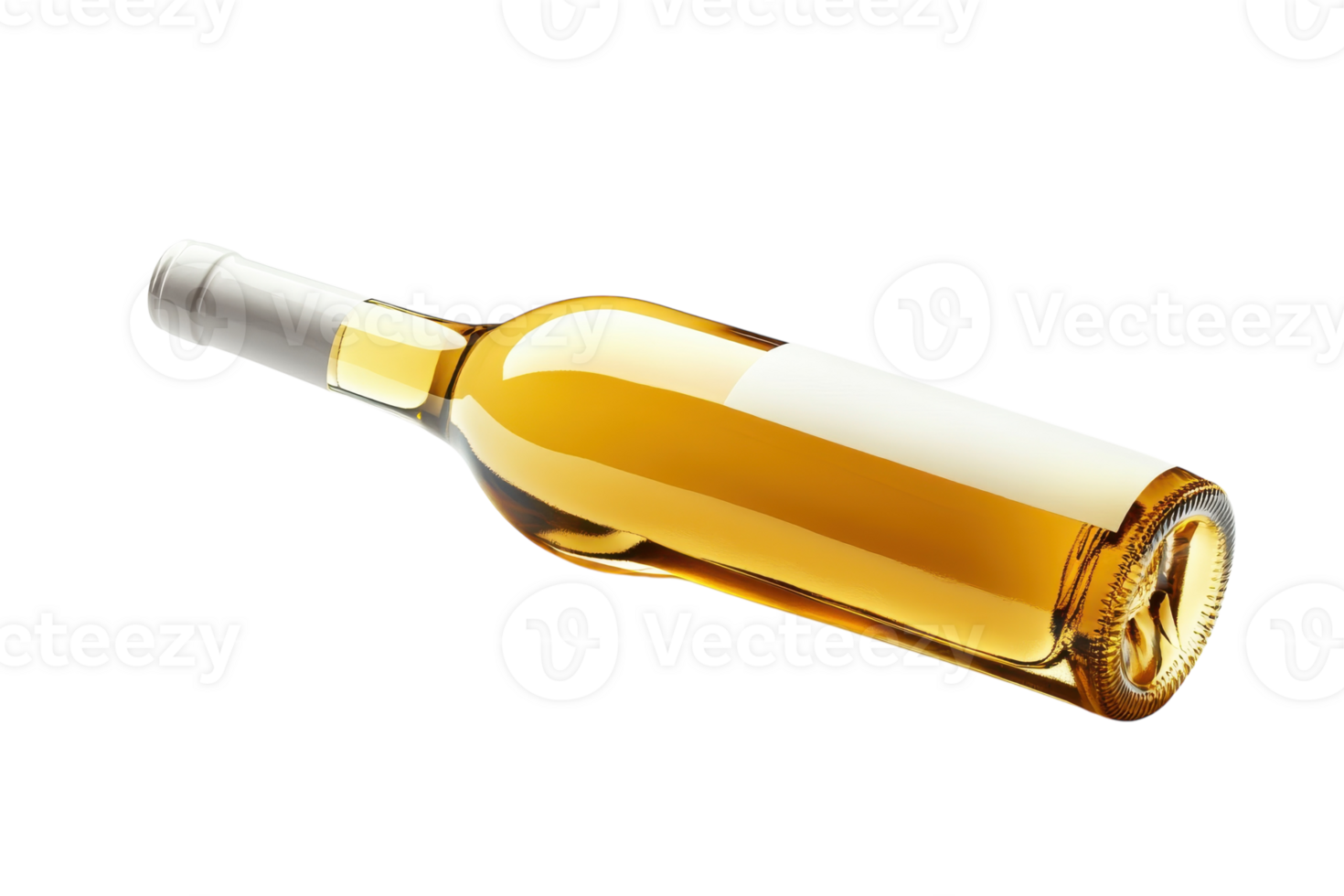 Wine bottle with golden liquid tilted on its side showcasing its elegant shape and color png