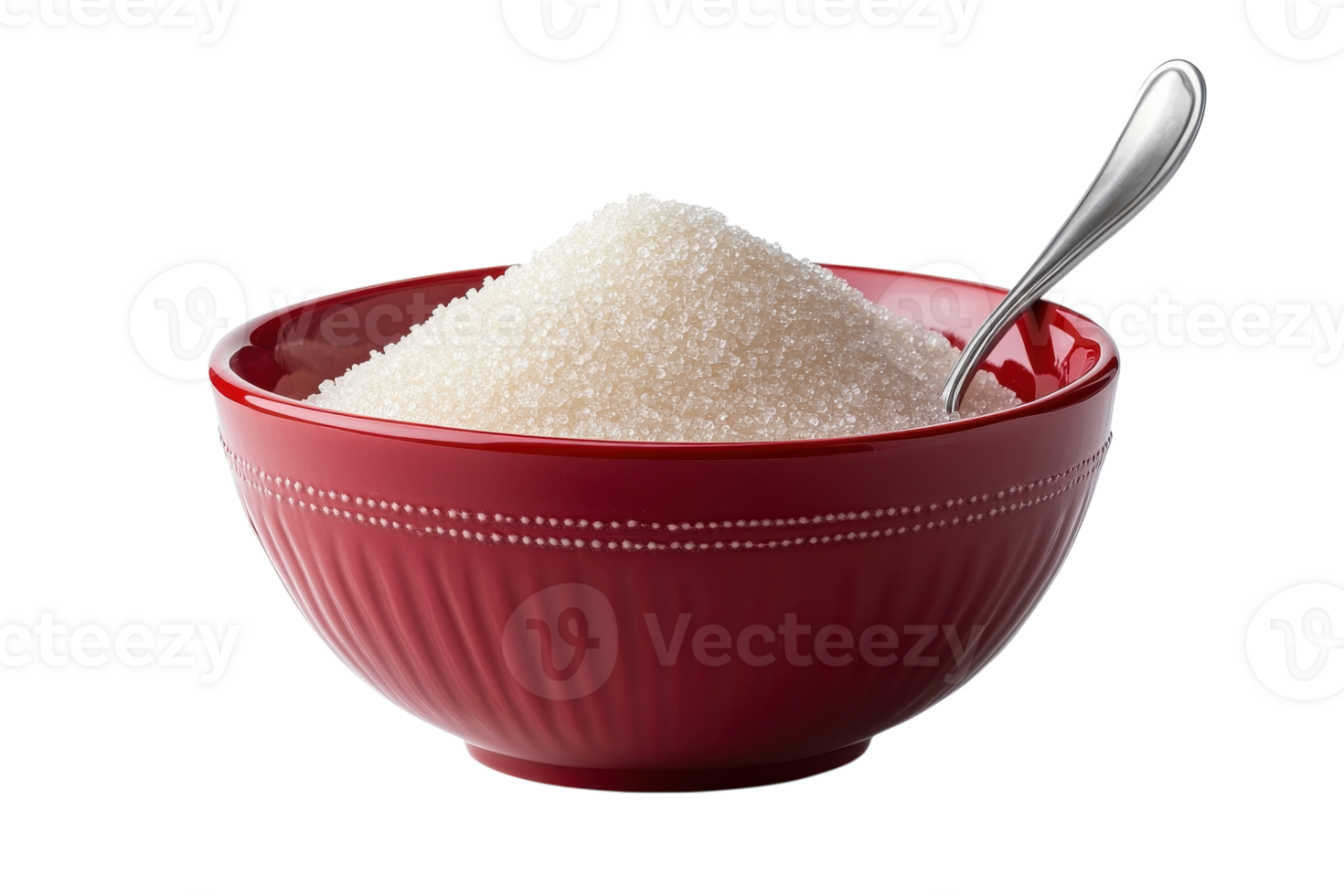 Bowl of white sugar with a spoon resting beside it on a clean countertop during kitchen preparation png