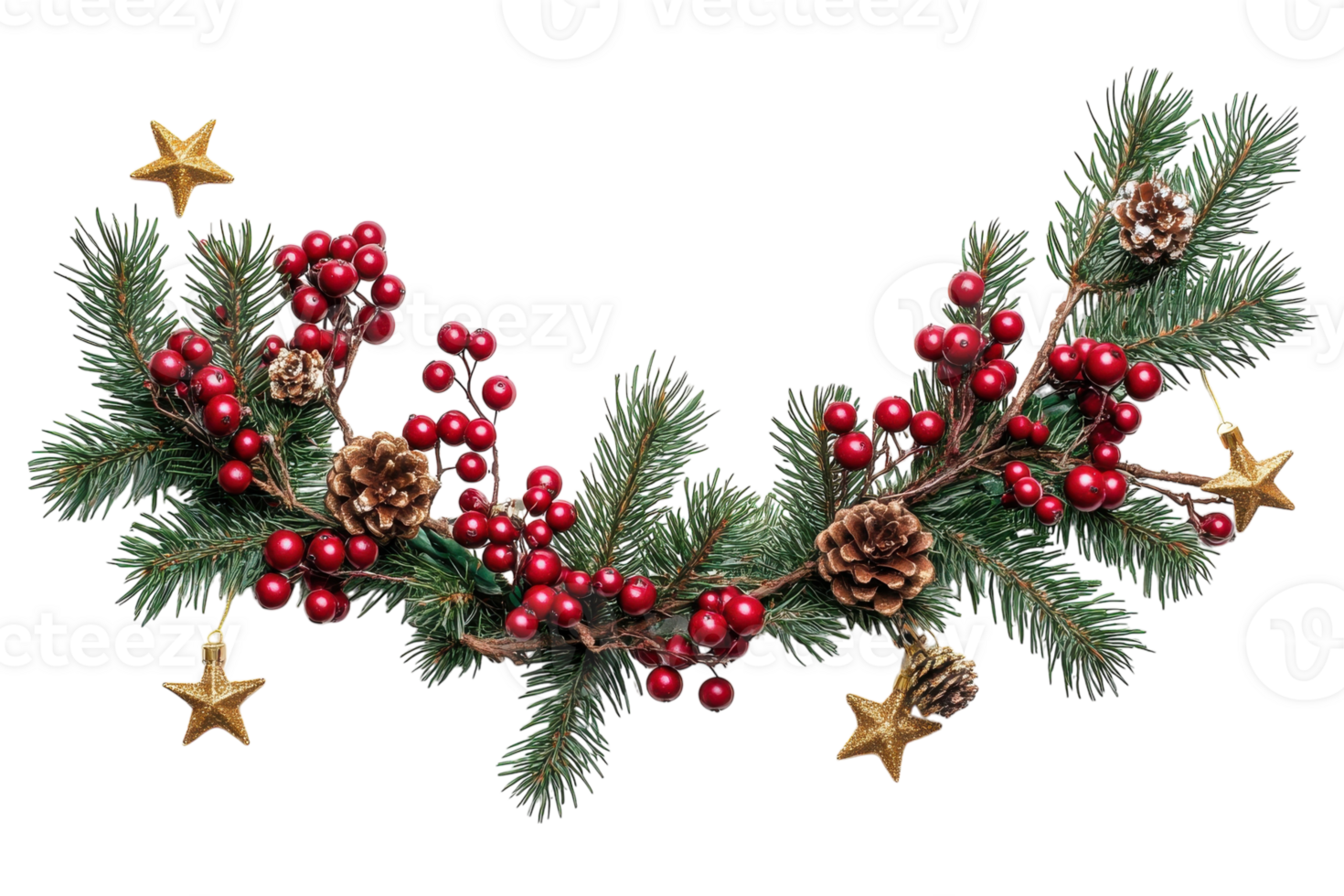 Festive garland adorned with red berries, pinecones, and golden stars for holiday decoration png