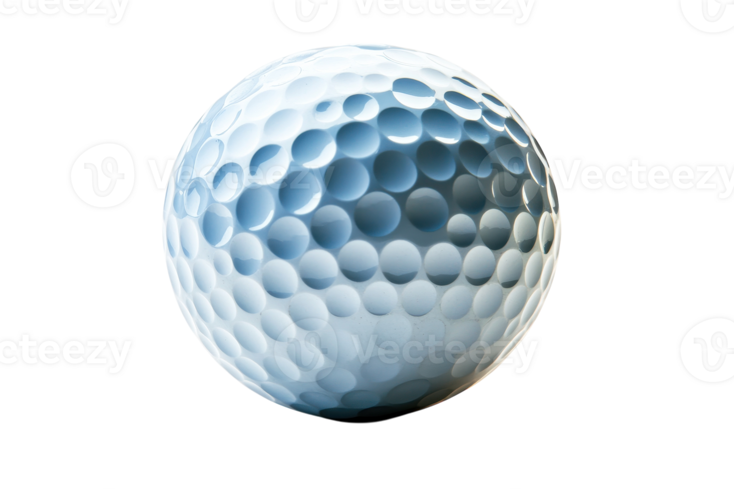 Golf ball resting on a smooth surface, showcasing its textured dimples and reflective quality in a bright setting png