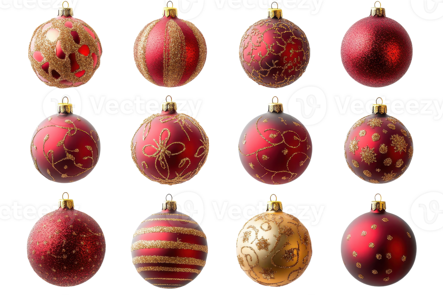 Beautiful collection of red and gold Christmas ornaments displayed on a clean white background png