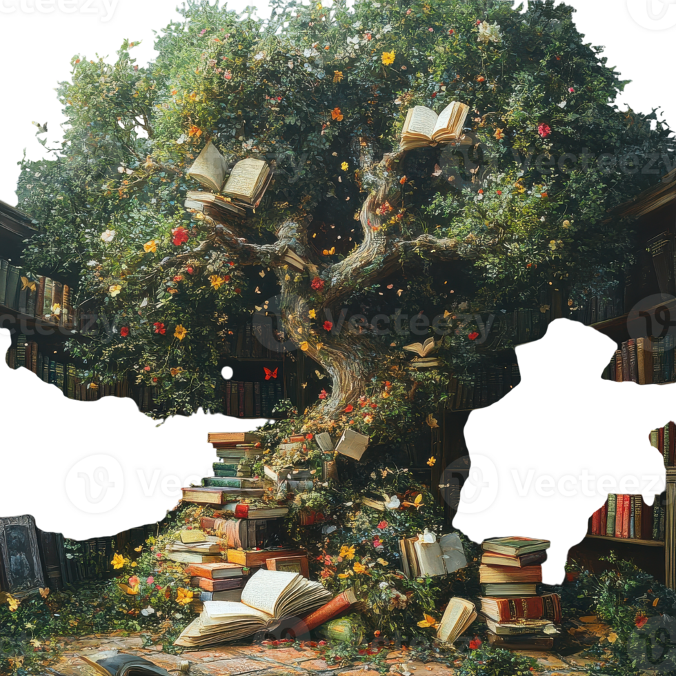 Enchanted tree with open books and flowers in a magical library setting during daylight png