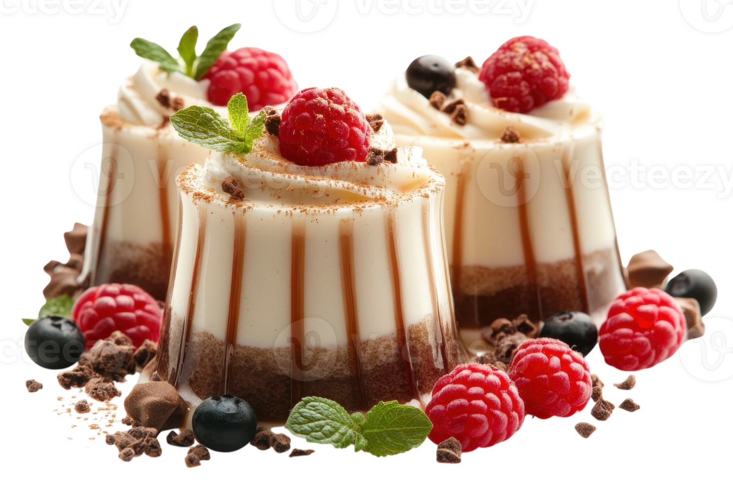 Delicious dessert cups with layers of cream, chocolate, and fresh berries for a sweet treat png
