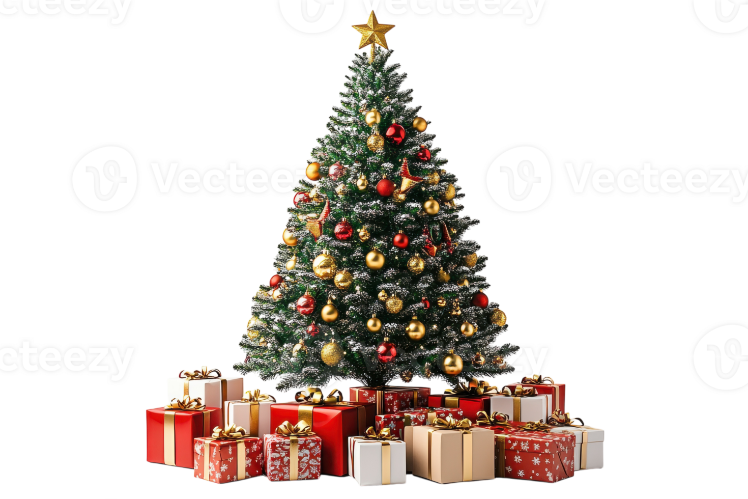 Holiday Christmas tree decorated with ornaments and surrounded by colorful presents png