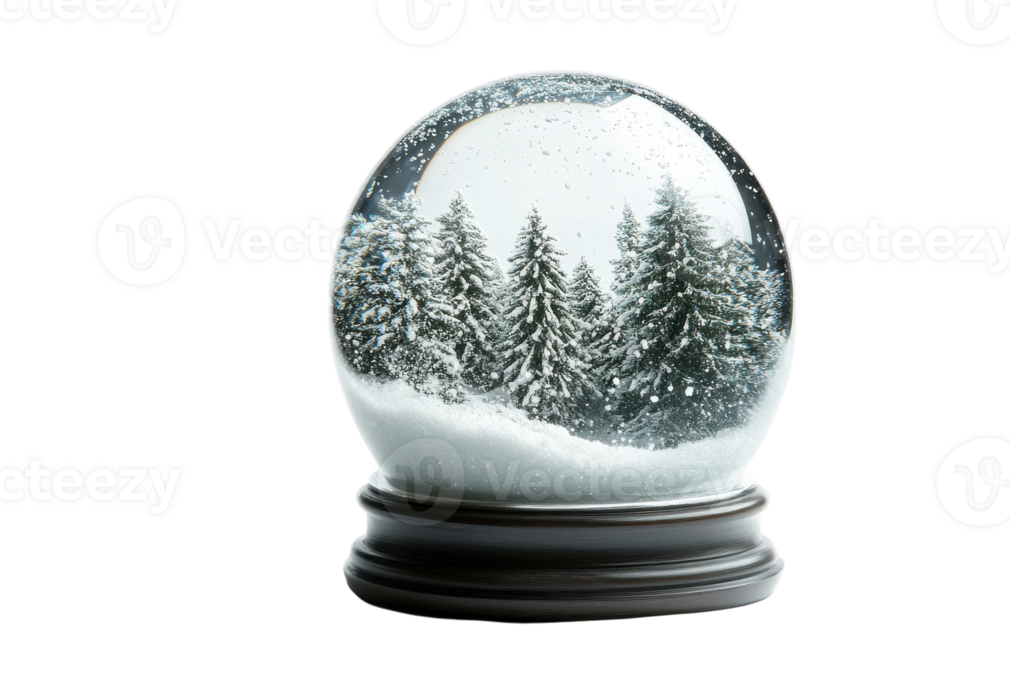 Snow globe depicting a serene winter landscape with evergreen trees and falling snowflakes created for festive decor or holiday gifts png