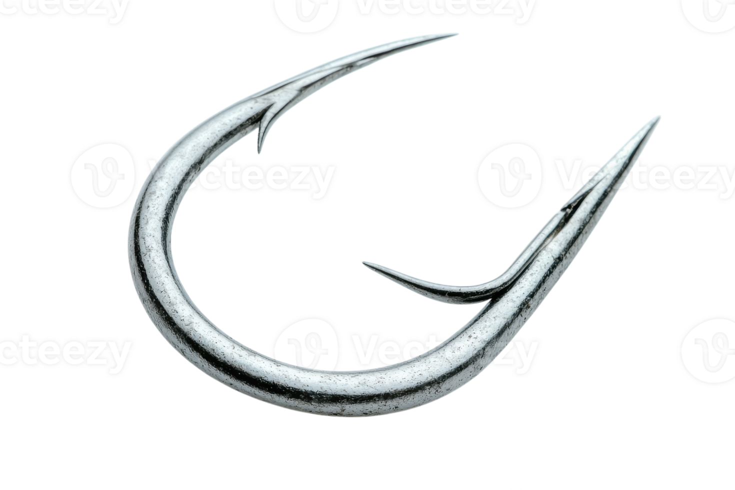 Detailed close-up of a shiny, curved fish hook designed for catching various fish species during fishing trips png