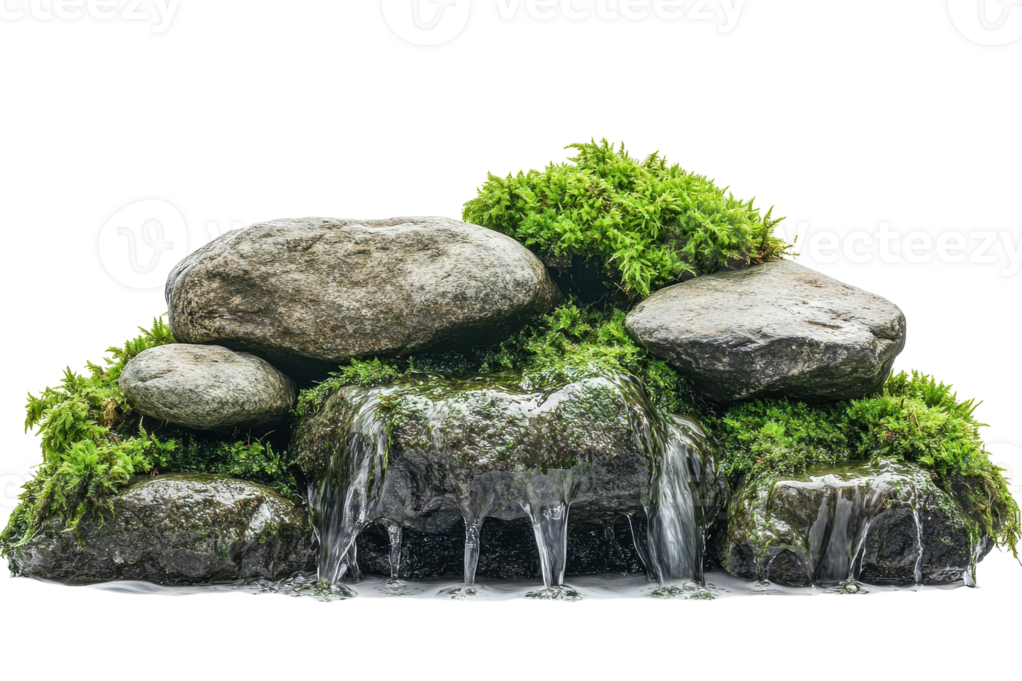 Rock formation with flowing water and green moss in a tranquil setting near a stream png