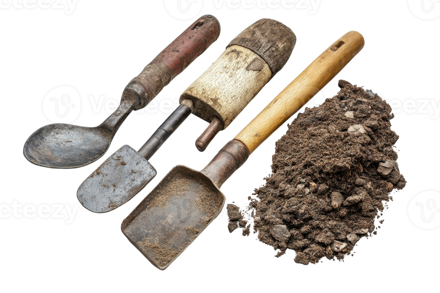Gardening tools arranged next to a mound of soil, showcasing essential equipment for planting and landscaping tasks png