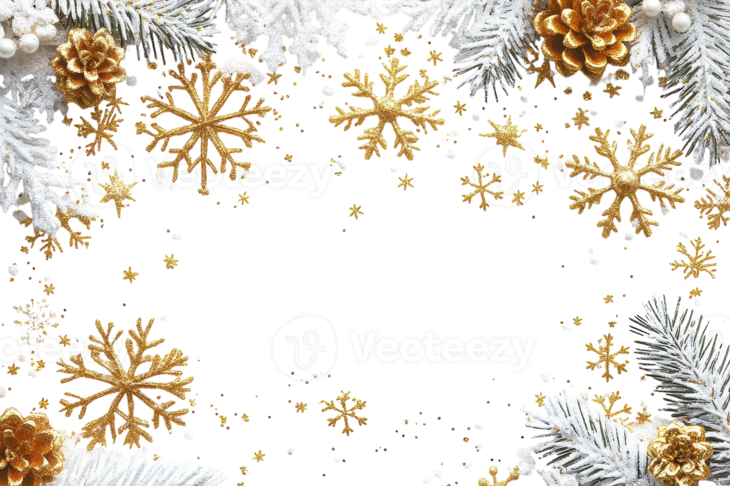 Festive winter celebration with golden snowflakes and frosted pine branches creating a decorative border png