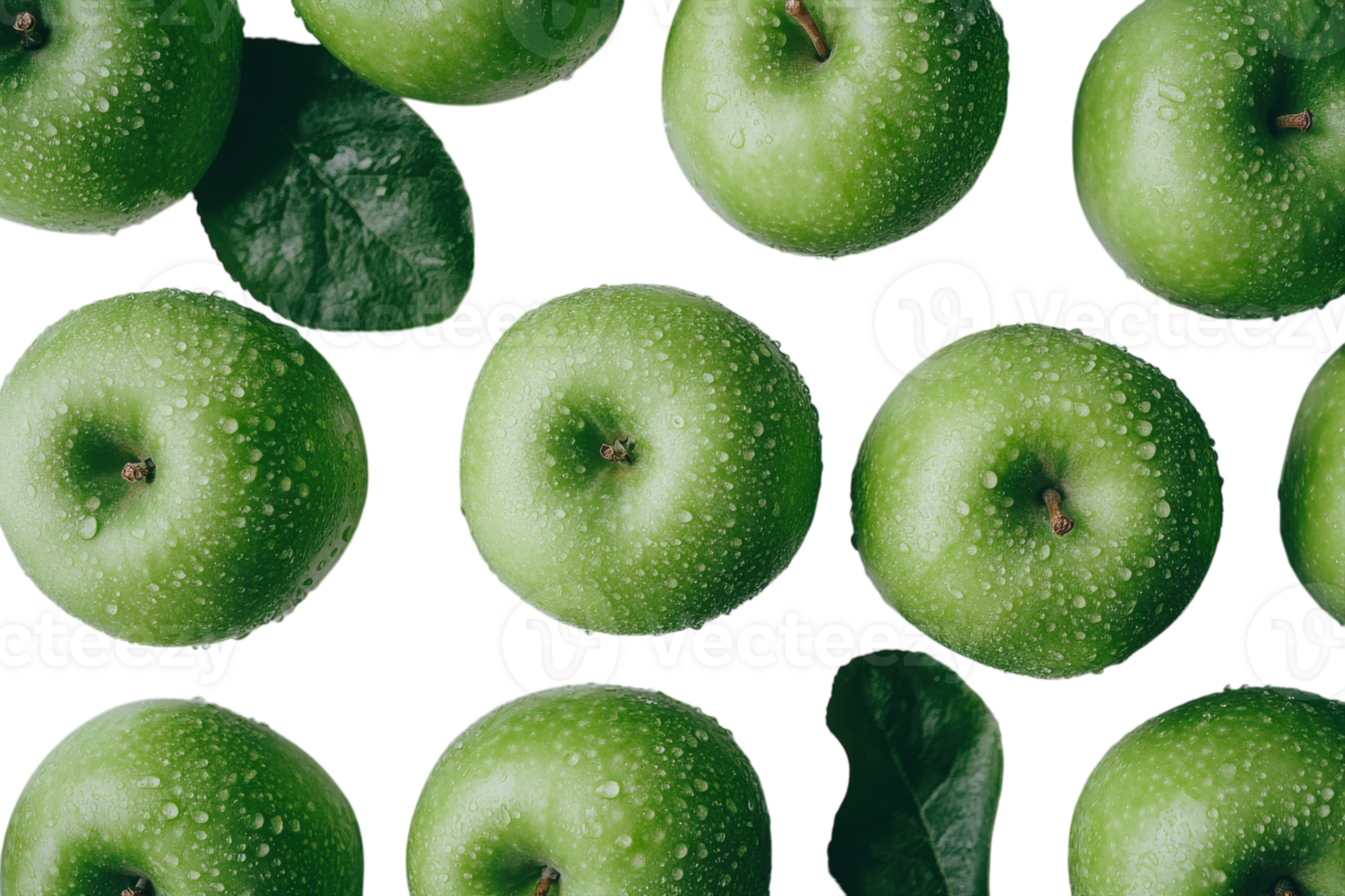 Fresh green apples arranged in a pattern with leaves showcasing droplets of water png