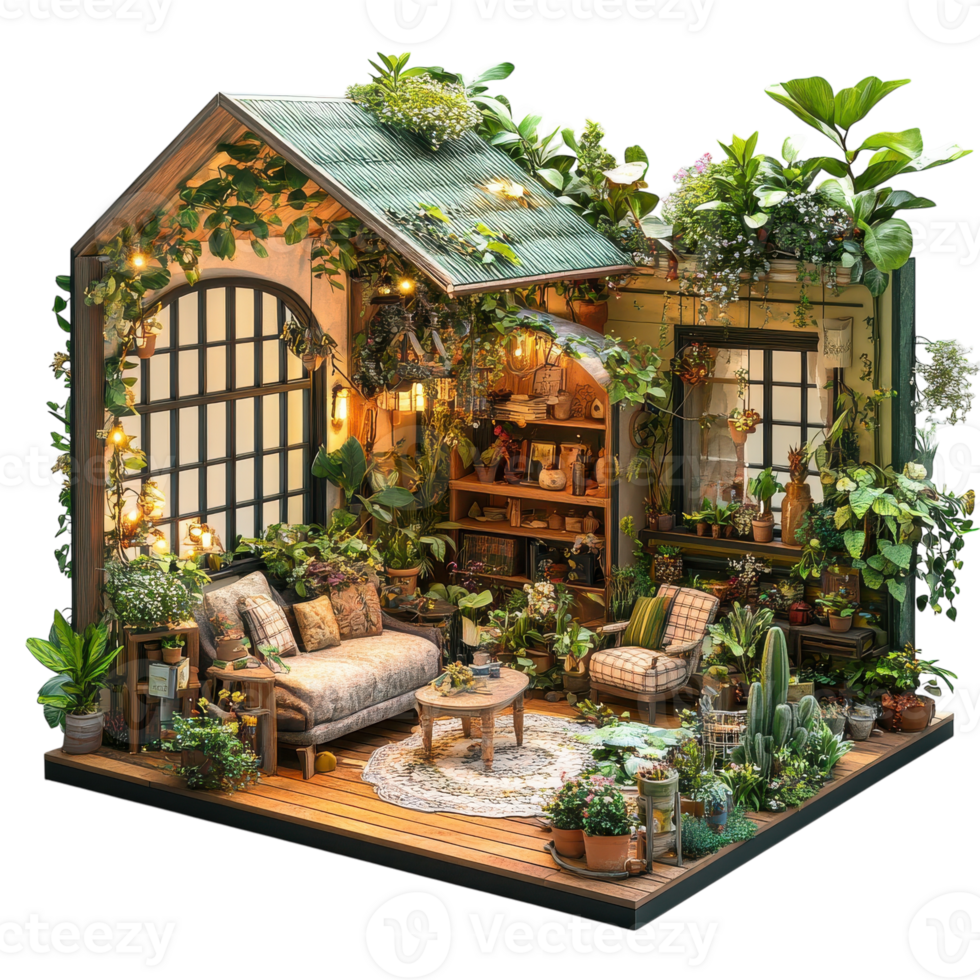 Cozy indoor garden with lush plants and warm lighting creating a serene atmosphere in a miniature setting png