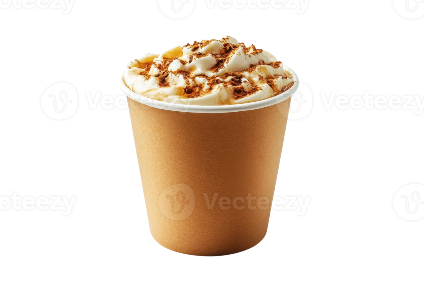 Delicious creamy beverage topped with whipped cream and spices in a disposable cup png