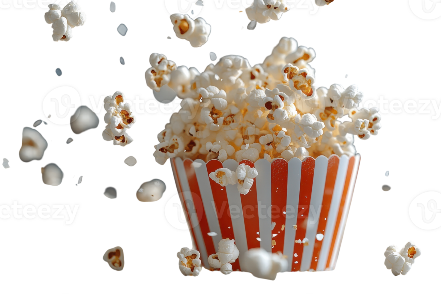 Popcorn bursts out of a striped paper container in a playful display of texture and motion png