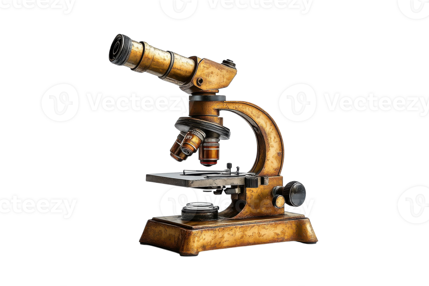 Vintage microscope resting on a wooden desk illuminated by natural light in a laboratory setting png